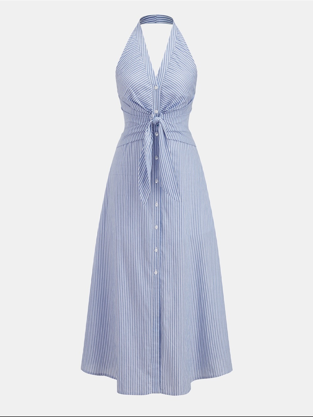 Commense Blue and White Striped Halter Midi Dress